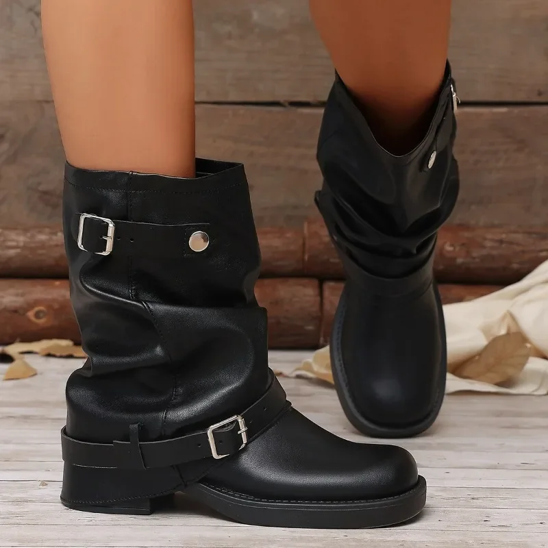 Autumn Women Slouch Mid Calf Cowboy Boots Double Metal Buckle Straps Leather Block Heel Shoes Motorcycle Short Boots
