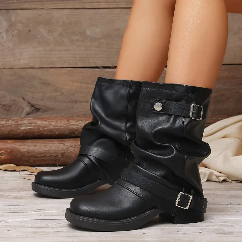 Autumn Women Slouch Mid Calf Cowboy Boots Double Metal Buckle Straps Leather Block Heel Shoes Motorcycle Short Boots