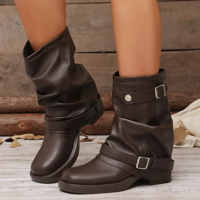 Autumn Women Slouch Mid Calf Cowboy Boots Double Metal Buckle Straps Leather Block Heel Shoes Motorcycle Short Boots