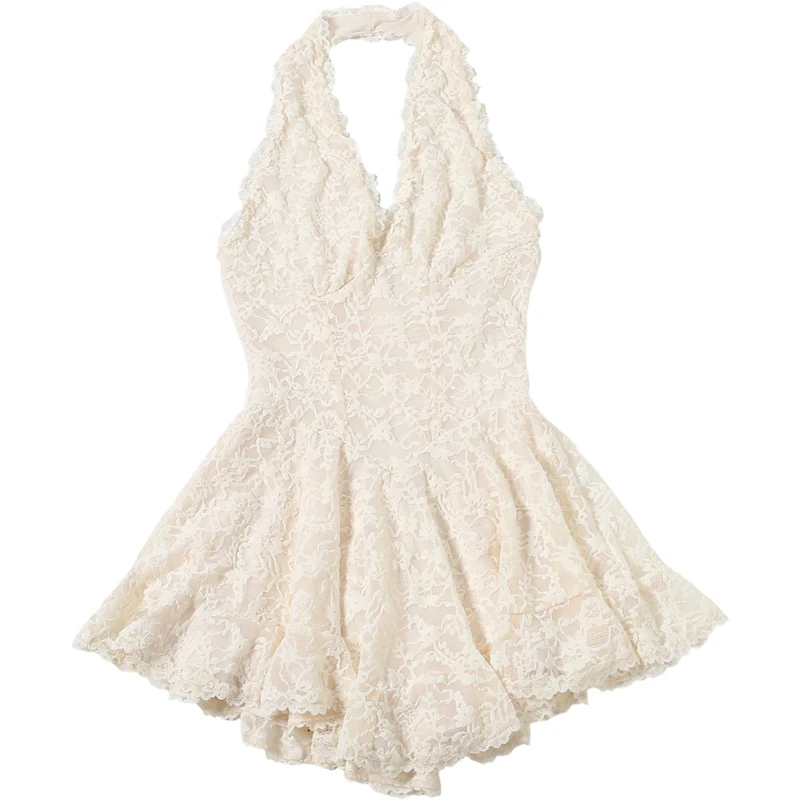Sisterlind Backless Jacquard Dress Women Halter V-Neck Lace Skinny Folds Sleeveless Elegant Fashion Prom Party Chic Mini Bodycon