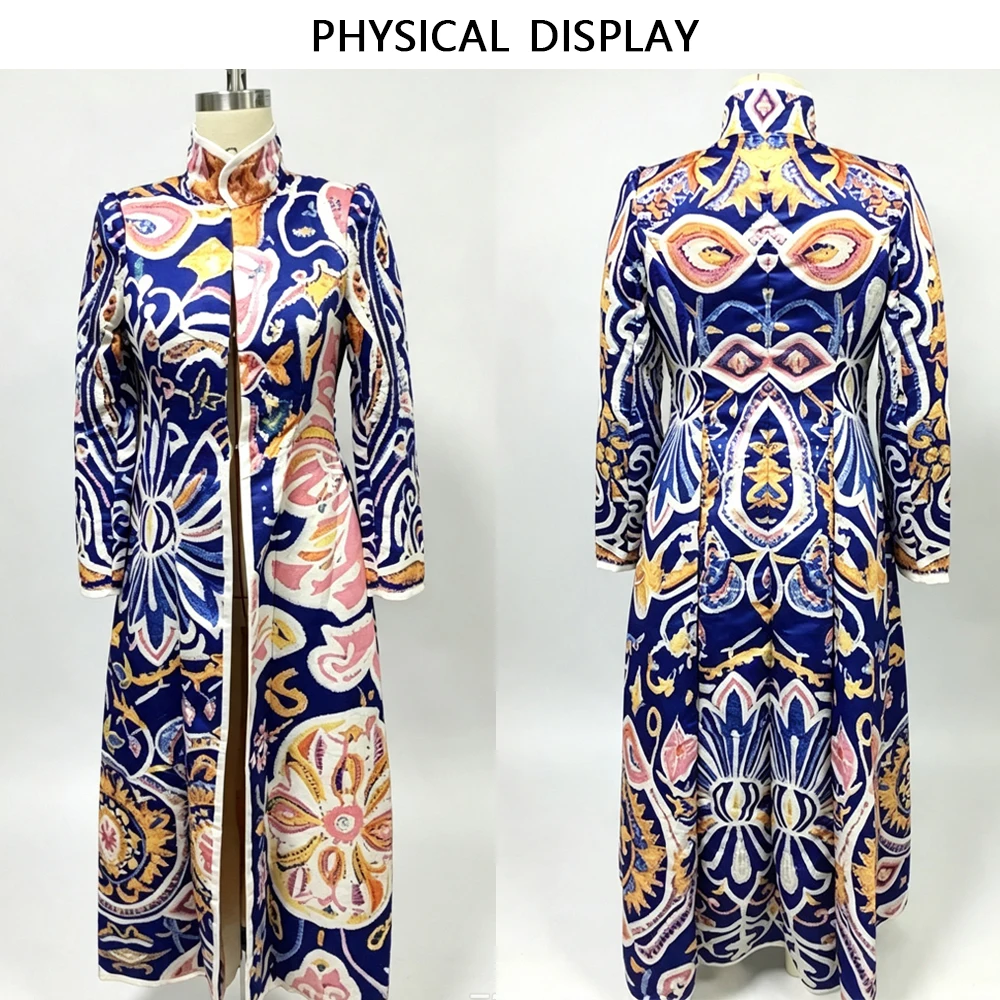 Luxury Boho Floral Jacquard Long Trench Coat Women Vintage Ethnic Embroidered Maxi Windbreaker Autumn Winter Aesthetic Overcoat
