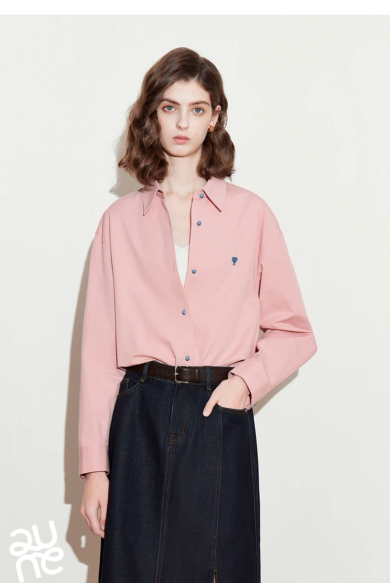 TOYOUTH Women's Pure Cotton Shirt 2026 New Heart Embroidery Solid Color Simple Versatile Basic Top