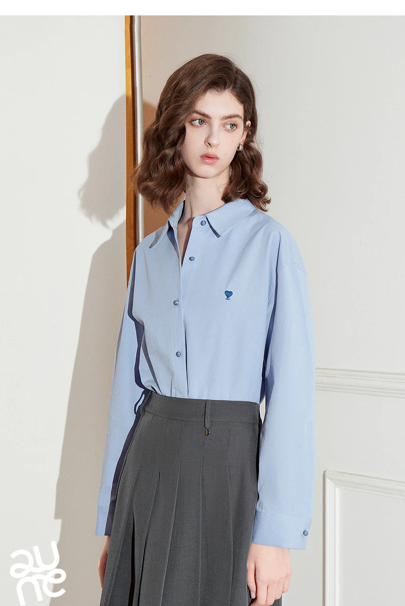 TOYOUTH Women's Pure Cotton Shirt 2026 New Heart Embroidery Solid Color Simple Versatile Basic Top