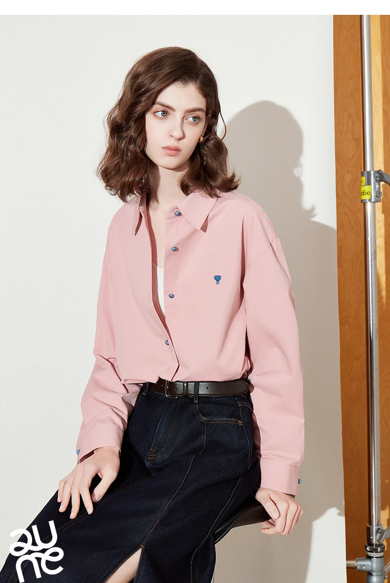 TOYOUTH Women's Pure Cotton Shirt 2026 New Heart Embroidery Solid Color Simple Versatile Basic Top