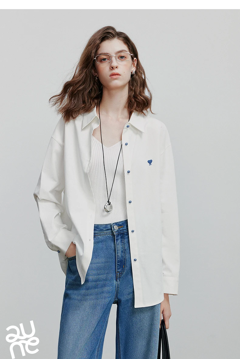 TOYOUTH Women's Pure Cotton Shirt 2026 New Heart Embroidery Solid Color Simple Versatile Basic Top