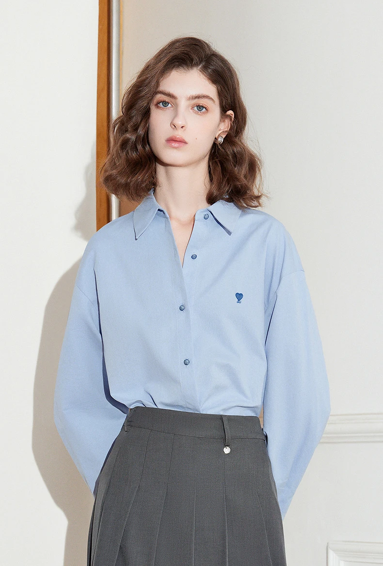 TOYOUTH Women's Pure Cotton Shirt 2026 New Heart Embroidery Solid Color Simple Versatile Basic Top