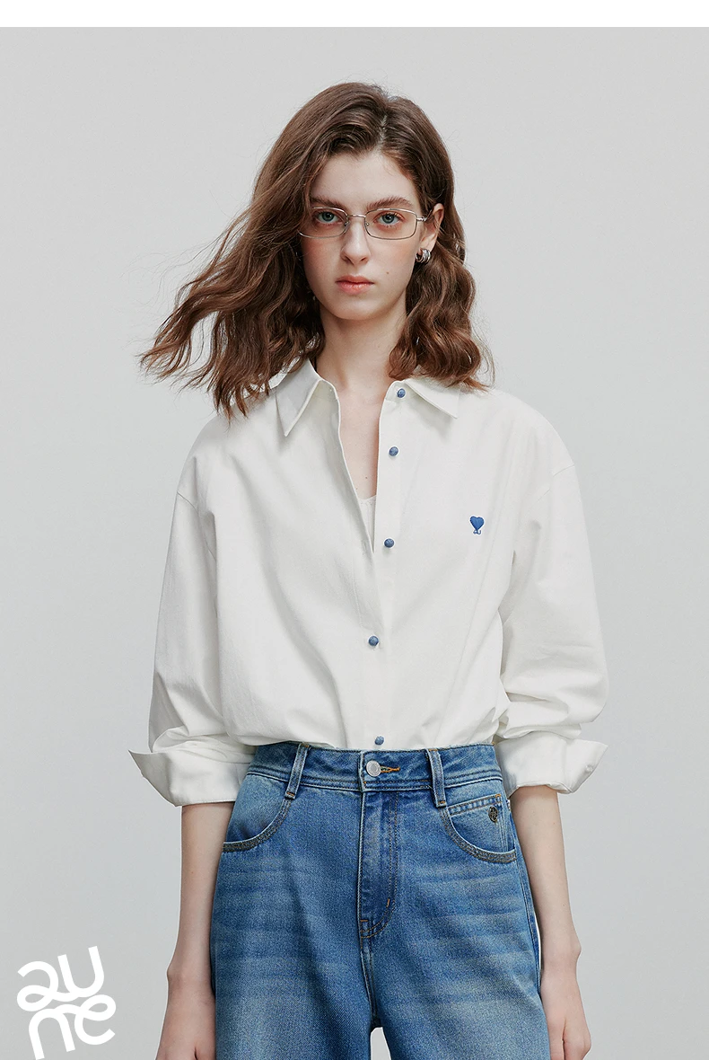 TOYOUTH Women's Pure Cotton Shirt 2026 New Heart Embroidery Solid Color Simple Versatile Basic Top