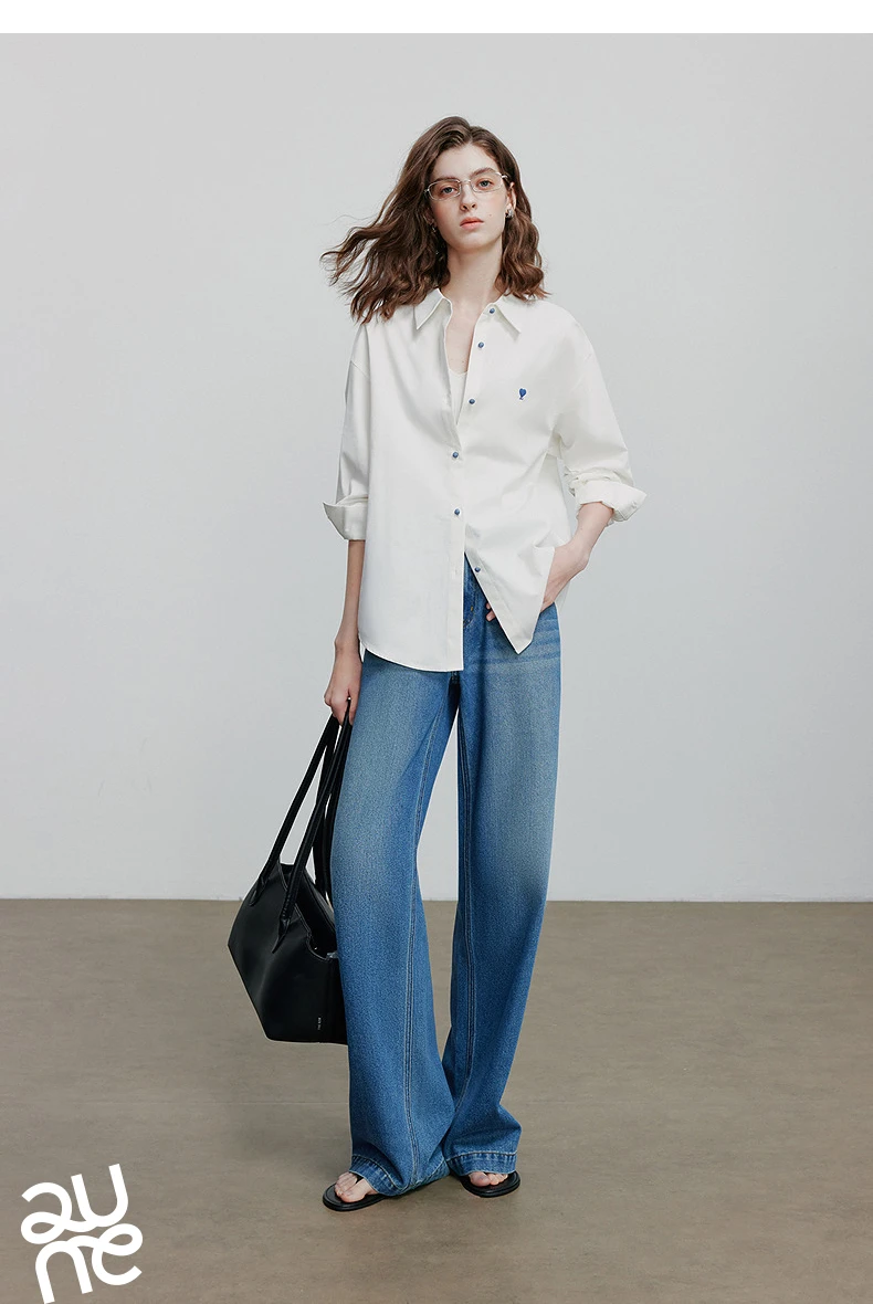 TOYOUTH Women's Pure Cotton Shirt 2026 New Heart Embroidery Solid Color Simple Versatile Basic Top
