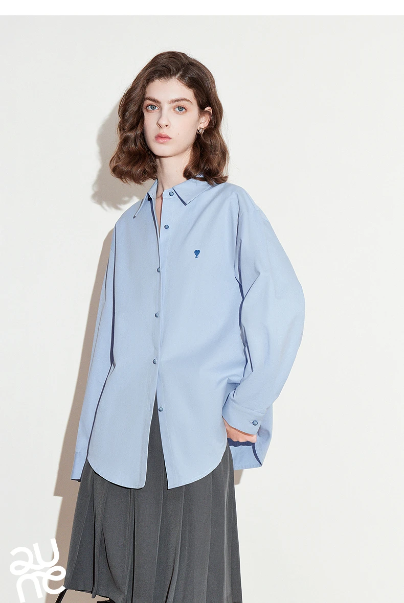TOYOUTH Women's Pure Cotton Shirt 2026 New Heart Embroidery Solid Color Simple Versatile Basic Top