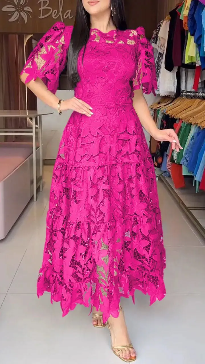 Women Hollow Out Dresses A Line Solid Dress Ankle Lenth Half Sleeves Waist Cinch Slight Strech Slim Casual Elegant 2026 Summer