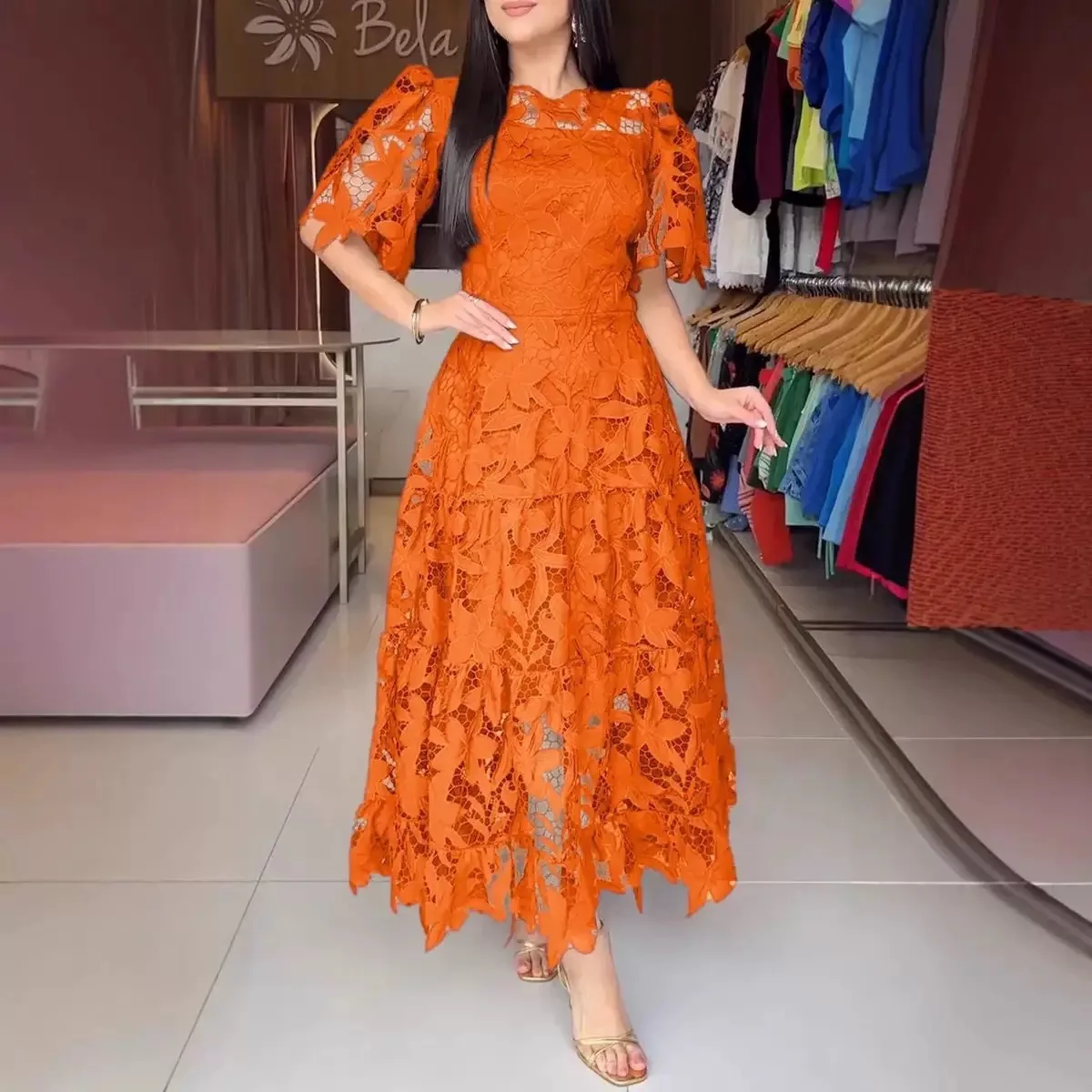 Women Hollow Out Dresses A Line Solid Dress Ankle Lenth Half Sleeves Waist Cinch Slight Strech Slim Casual Elegant 2026 Summer