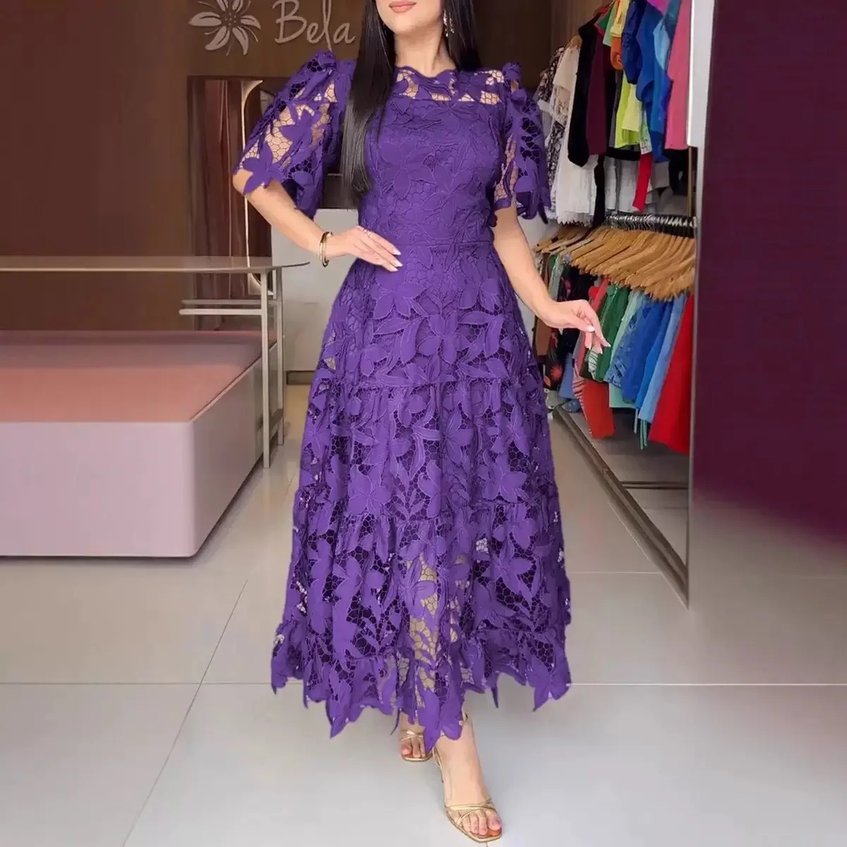 Women Hollow Out Dresses A Line Solid Dress Ankle Lenth Half Sleeves Waist Cinch Slight Strech Slim Casual Elegant 2026 Summer