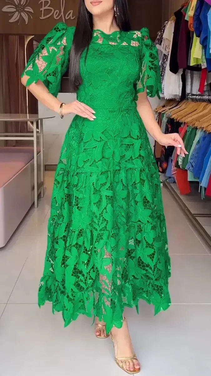Women Hollow Out Dresses A Line Solid Dress Ankle Lenth Half Sleeves Waist Cinch Slight Strech Slim Casual Elegant 2026 Summer