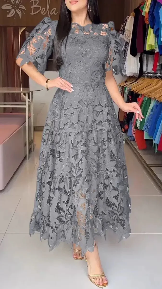 Women Hollow Out Dresses A Line Solid Dress Ankle Lenth Half Sleeves Waist Cinch Slight Strech Slim Casual Elegant 2026 Summer