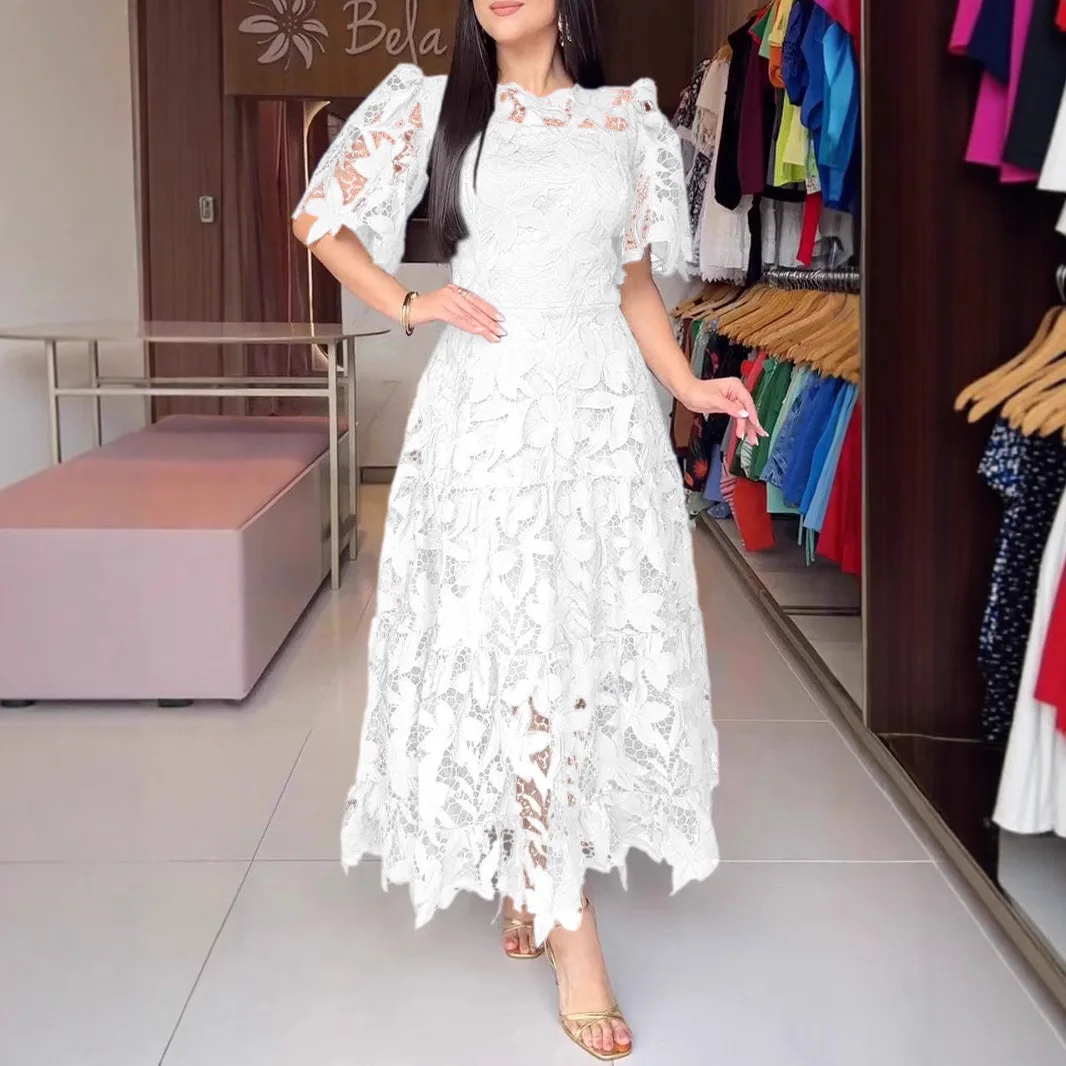 Women Hollow Out Dresses A Line Solid Dress Ankle Lenth Half Sleeves Waist Cinch Slight Strech Slim Casual Elegant 2026 Summer