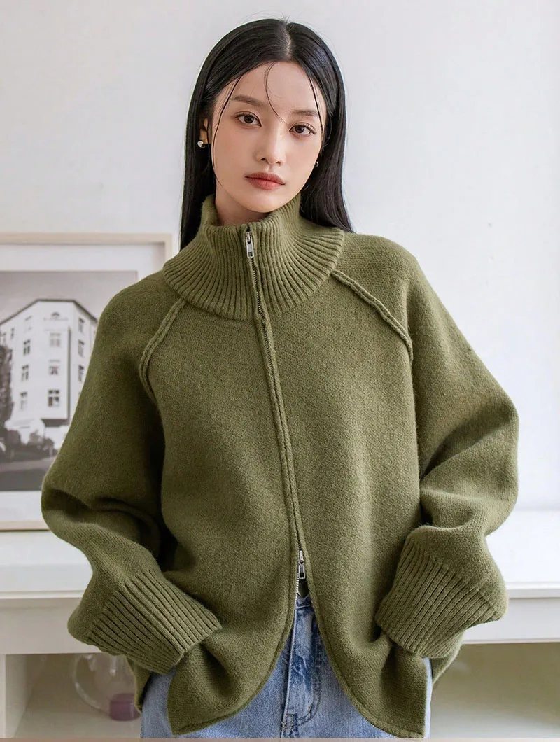 Lazy Style Sweater Jacket for Women 2026 Autumn Winter Thicken Warm Soft Knitted Cardigans Fashion Zipper Stand Collar Cardigan