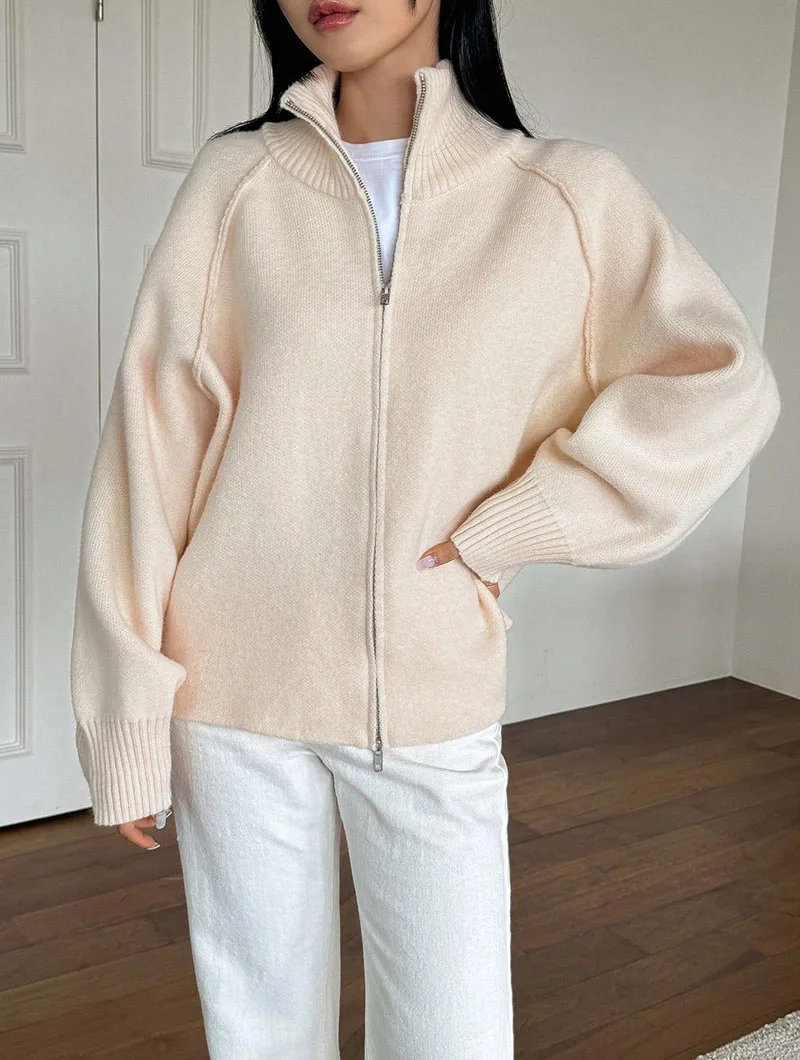 Lazy Style Sweater Jacket for Women 2026 Autumn Winter Thicken Warm Soft Knitted Cardigans Fashion Zipper Stand Collar Cardigan