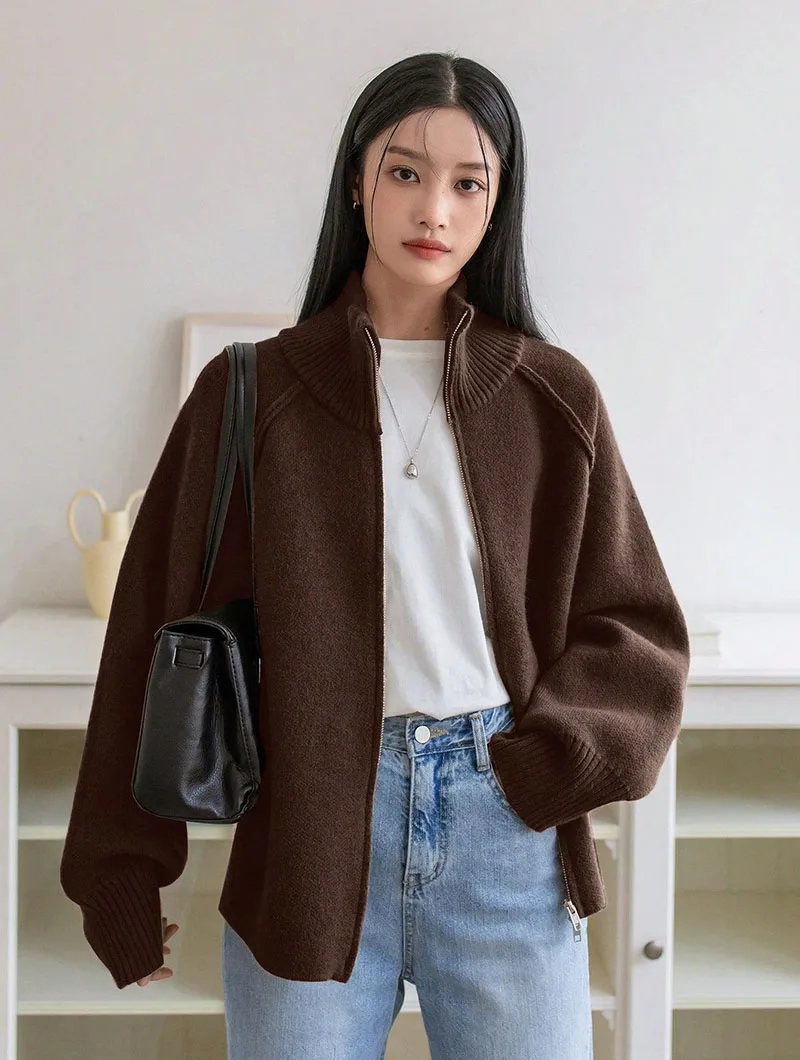 Lazy Style Sweater Jacket for Women 2026 Autumn Winter Thicken Warm Soft Knitted Cardigans Fashion Zipper Stand Collar Cardigan