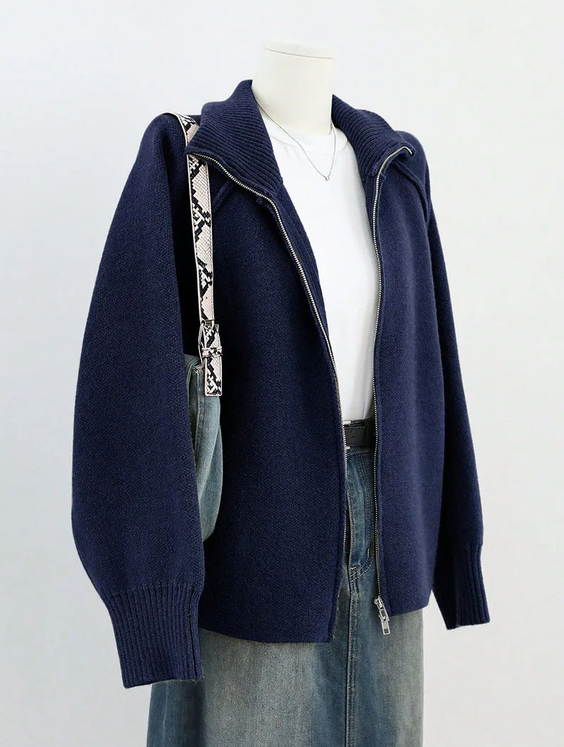 Lazy Style Sweater Jacket for Women 2026 Autumn Winter Thicken Warm Soft Knitted Cardigans Fashion Zipper Stand Collar Cardigan