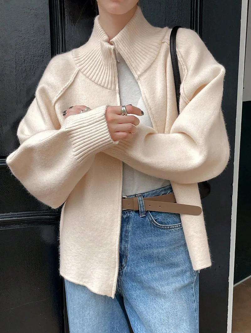 Lazy Style Sweater Jacket for Women 2026 Autumn Winter Thicken Warm Soft Knitted Cardigans Fashion Zipper Stand Collar Cardigan