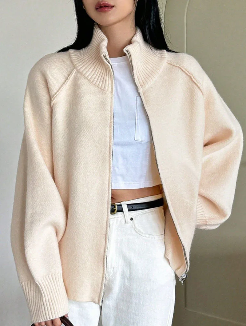 Lazy Style Sweater Jacket for Women 2026 Autumn Winter Thicken Warm Soft Knitted Cardigans Fashion Zipper Stand Collar Cardigan