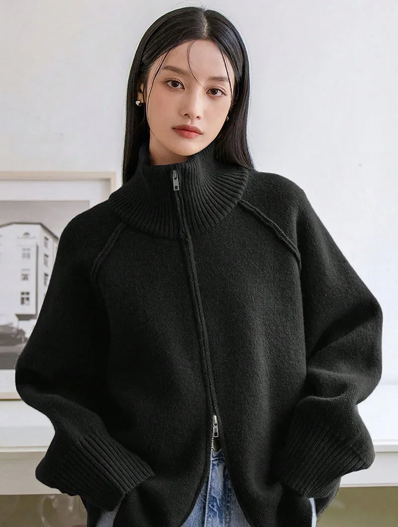 Lazy Style Sweater Jacket for Women 2026 Autumn Winter Thicken Warm Soft Knitted Cardigans Fashion Zipper Stand Collar Cardigan