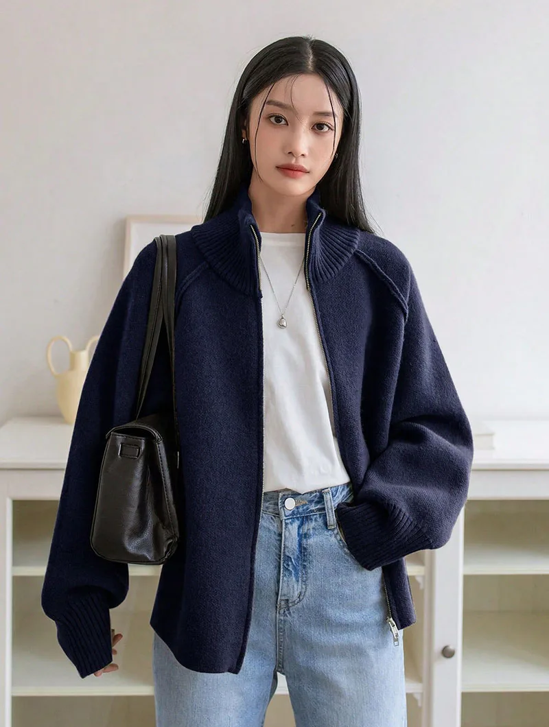 Lazy Style Sweater Jacket for Women 2026 Autumn Winter Thicken Warm Soft Knitted Cardigans Fashion Zipper Stand Collar Cardigan