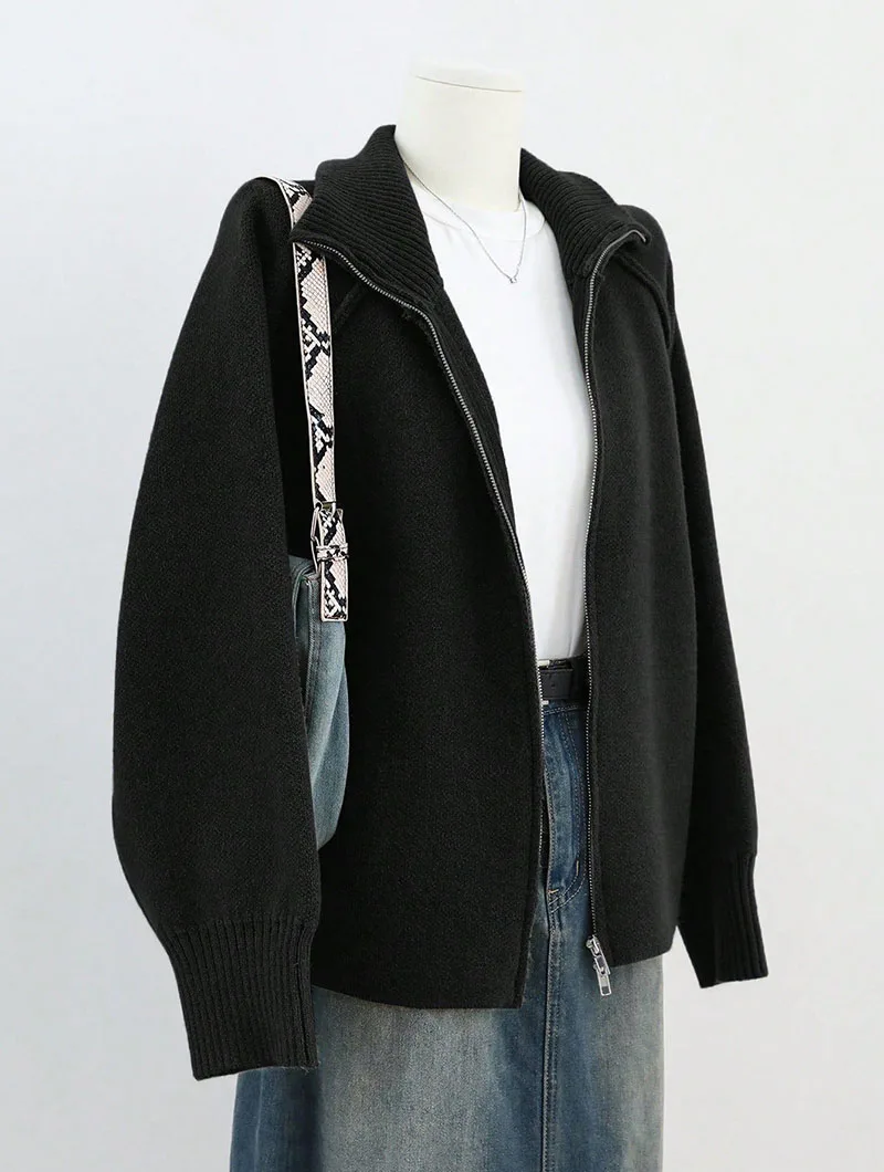Lazy Style Sweater Jacket for Women 2026 Autumn Winter Thicken Warm Soft Knitted Cardigans Fashion Zipper Stand Collar Cardigan