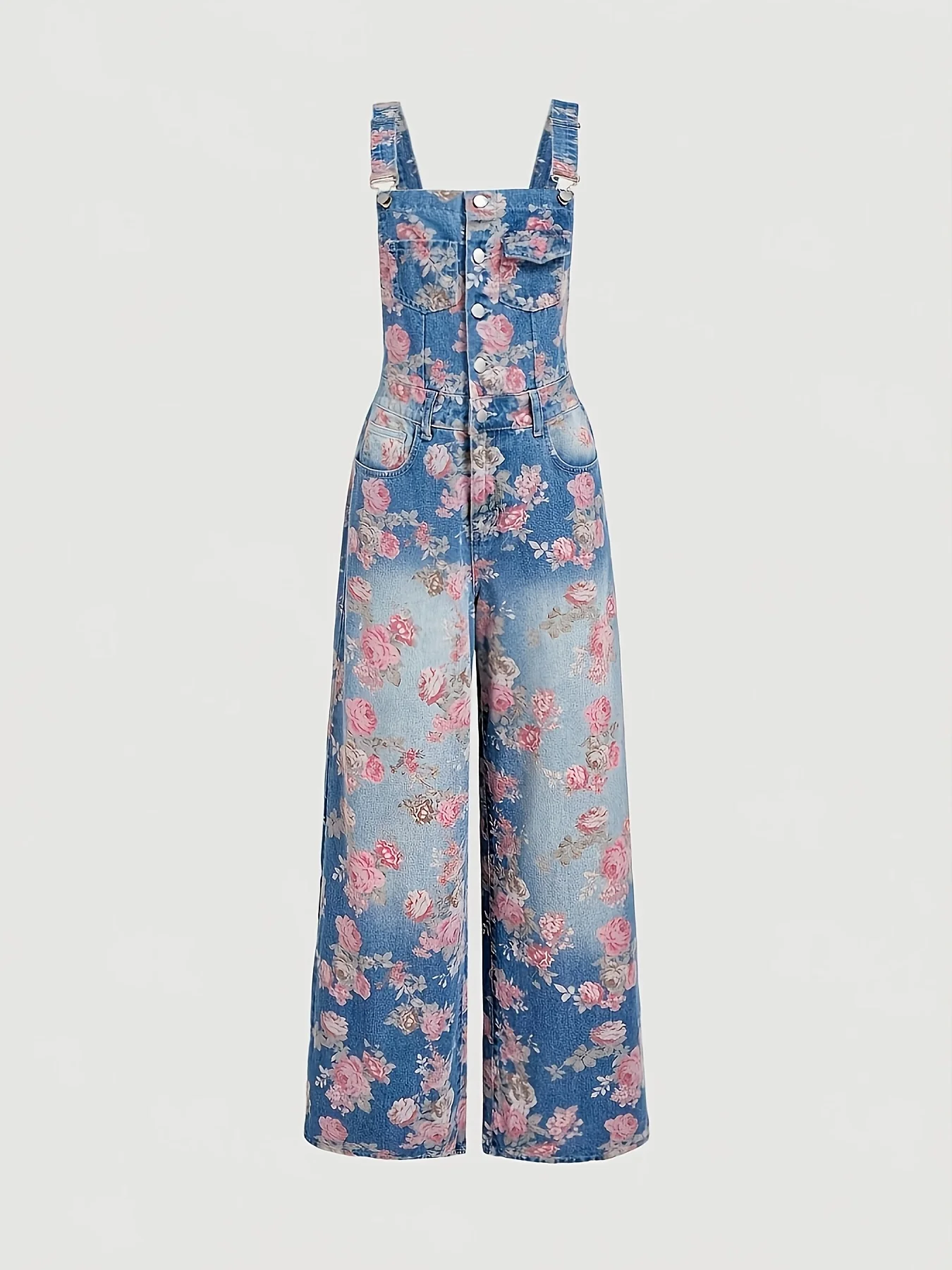 Vintage Washed Floral Print Denim Overalls For Women Adjustable Strap Wide Leg Elegant Daily Fashion Jumpsuit