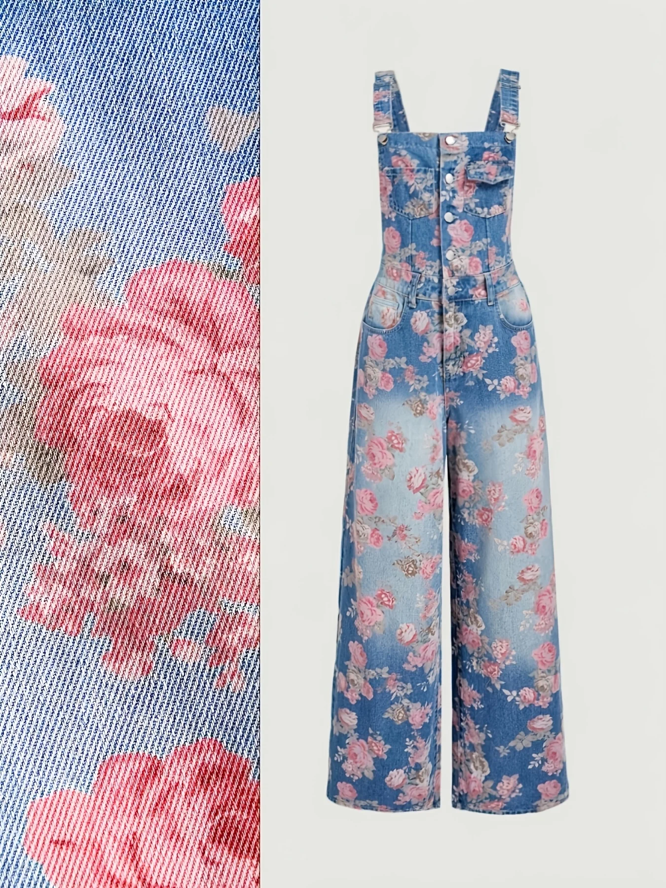Vintage Washed Floral Print Denim Overalls For Women Adjustable Strap Wide Leg Elegant Daily Fashion Jumpsuit