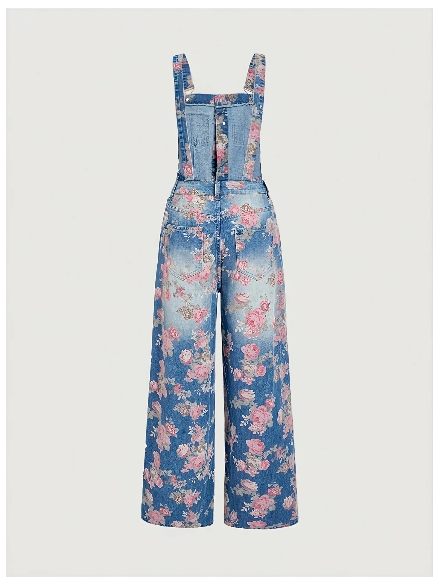 Vintage Washed Floral Print Denim Overalls For Women Adjustable Strap Wide Leg Elegant Daily Fashion Jumpsuit