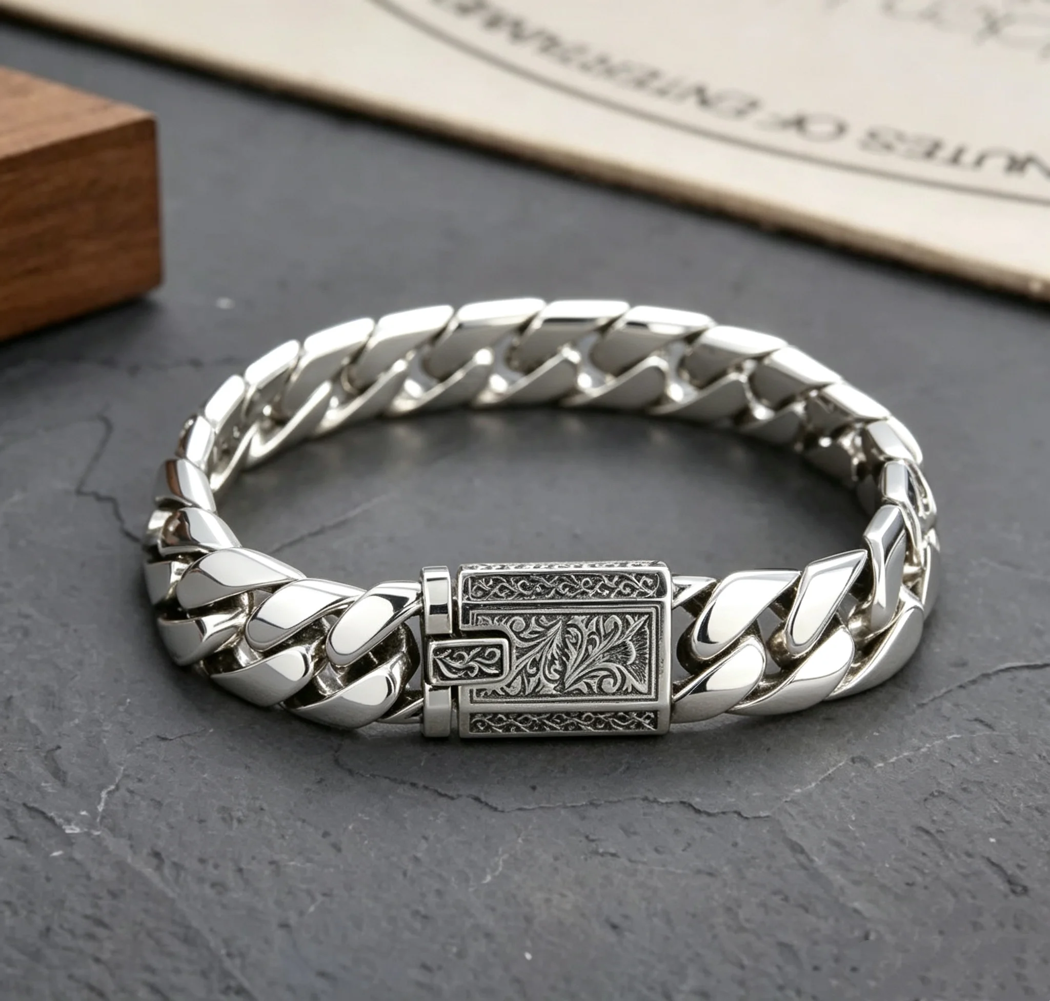 S925 Sterling Silver Heavy Solid Smooth Cuban Bracelet Men Bright Polished Curb Chain Antique Engraved Clasp Luxury Jewelry Gift