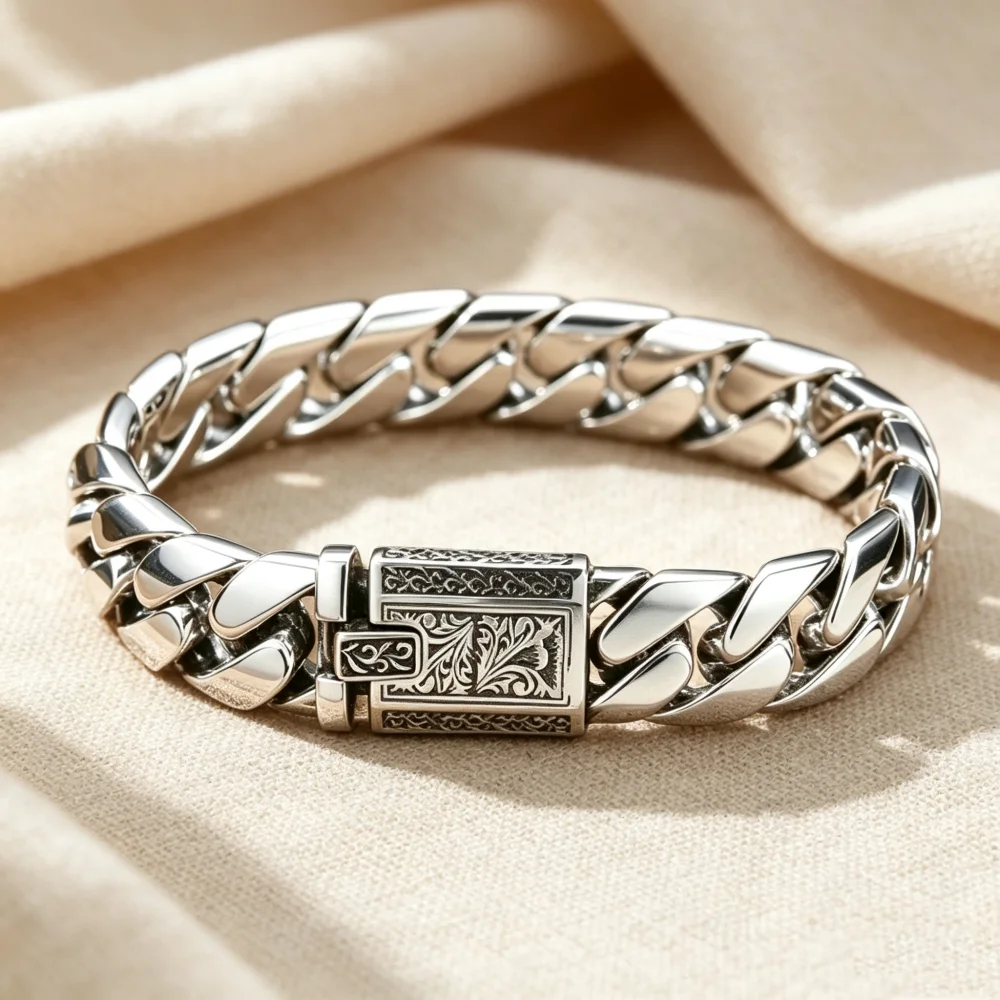 S925 Sterling Silver Heavy Solid Smooth Cuban Bracelet Men Bright Polished Curb Chain Antique Engraved Clasp Luxury Jewelry Gift
