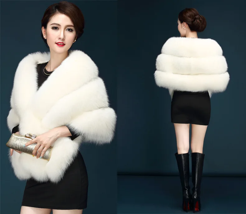 Winter Scarves Woman Faux Fox Fur Coat Fur Shawl Jackets for Women Cloak with Pocket White, Pink, Gray Women's Winter Jacket