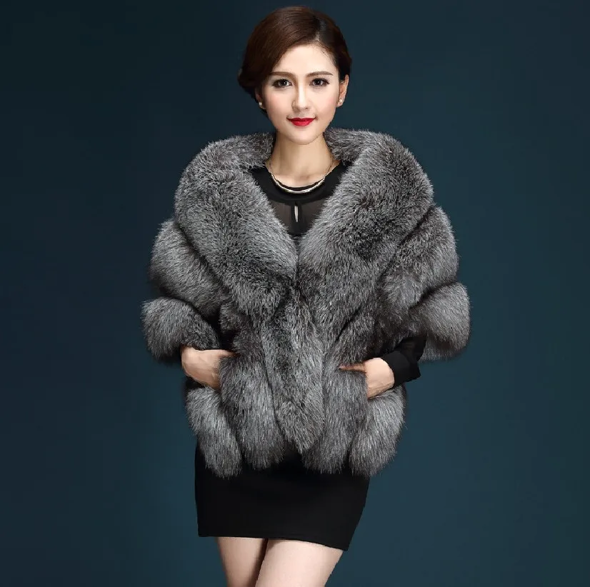 Winter Scarves Woman Faux Fox Fur Coat Fur Shawl Jackets for Women Cloak with Pocket White, Pink, Gray Women's Winter Jacket