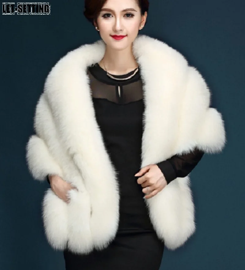 Winter Scarves Woman Faux Fox Fur Coat Fur Shawl Jackets for Women Cloak with Pocket White, Pink, Gray Women's Winter Jacket