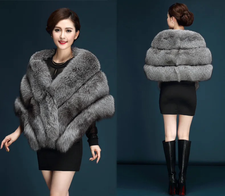 Winter Scarves Woman Faux Fox Fur Coat Fur Shawl Jackets for Women Cloak with Pocket White, Pink, Gray Women's Winter Jacket