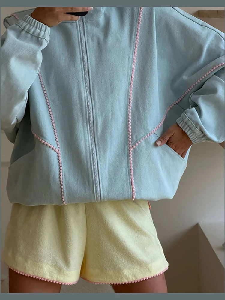 Women Sweet Casual Oversized Denim Jacket Pom-pom Contrast Stitch Decor Stand Collar Full Zipper Drop Shoulder Loose Short Outer
