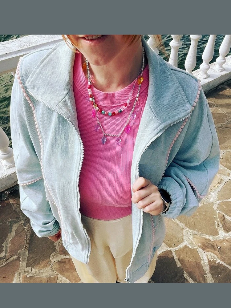 Women Sweet Casual Oversized Denim Jacket Pom-pom Contrast Stitch Decor Stand Collar Full Zipper Drop Shoulder Loose Short Outer