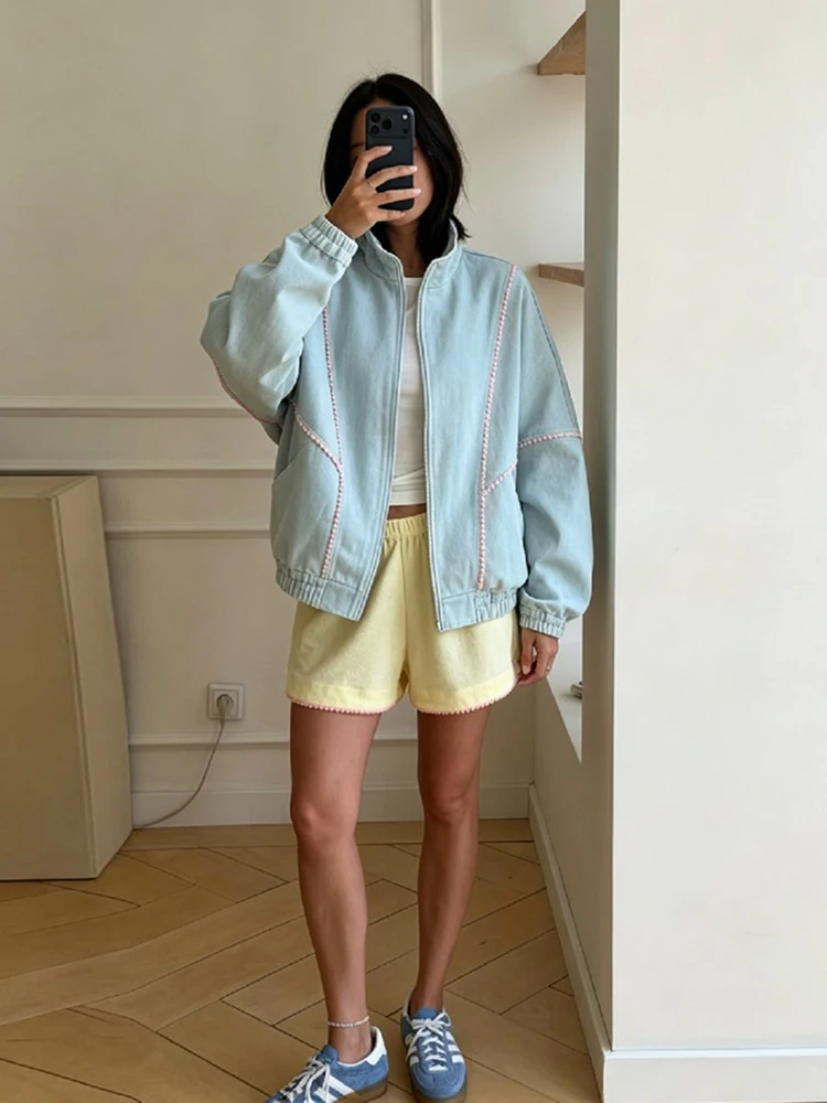 Women Sweet Casual Oversized Denim Jacket Pom-pom Contrast Stitch Decor Stand Collar Full Zipper Drop Shoulder Loose Short Outer