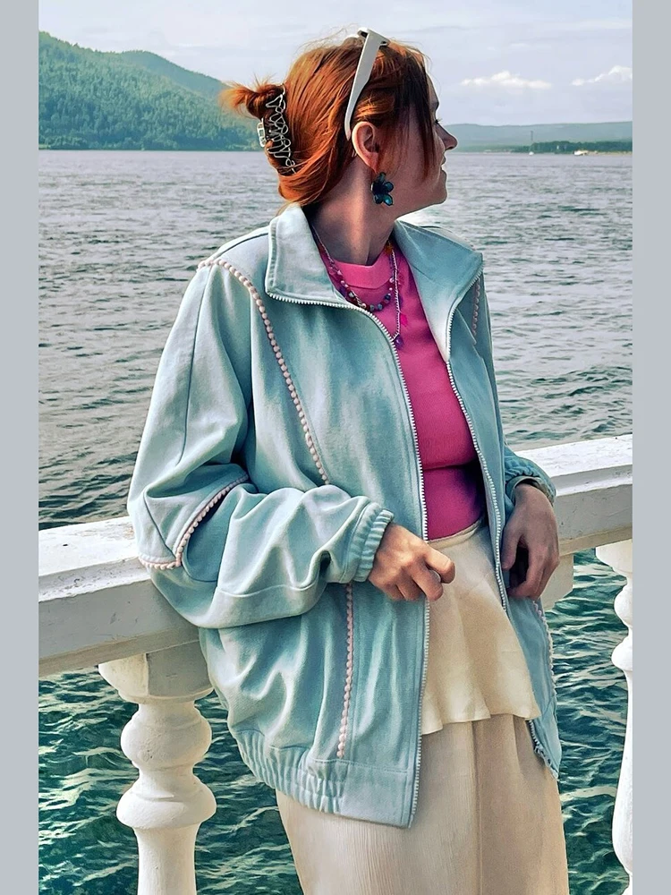 Women Sweet Casual Oversized Denim Jacket Pom-pom Contrast Stitch Decor Stand Collar Full Zipper Drop Shoulder Loose Short Outer