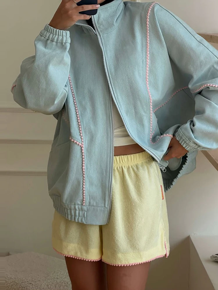 Women Sweet Casual Oversized Denim Jacket Pom-pom Contrast Stitch Decor Stand Collar Full Zipper Drop Shoulder Loose Short Outer