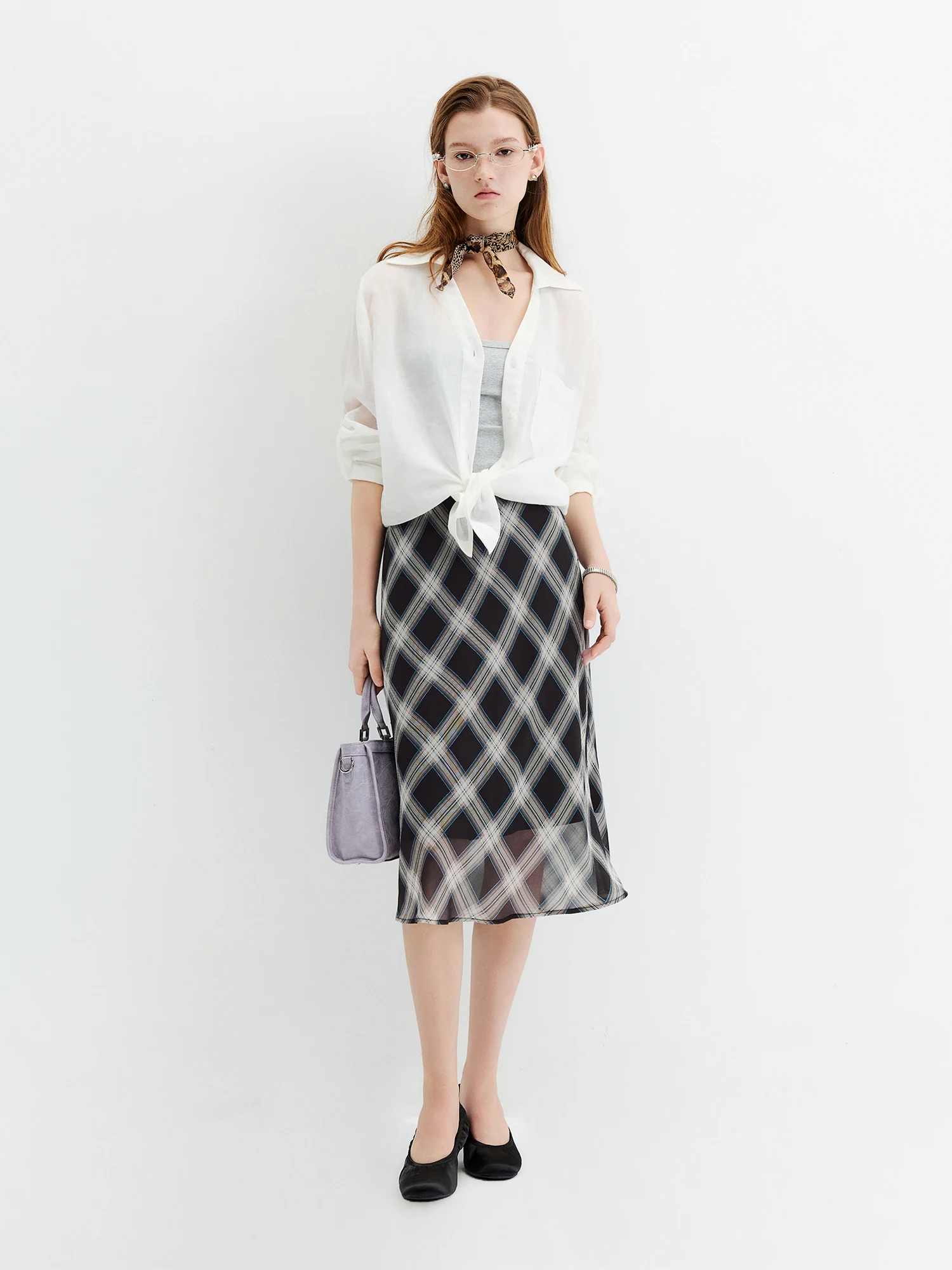FSLE 2026 Fall Women's Vintage Contrast Plaid Elastic Waist Flowy Chiffon Straight Midi Skirt - Casual Chic Everyday Style