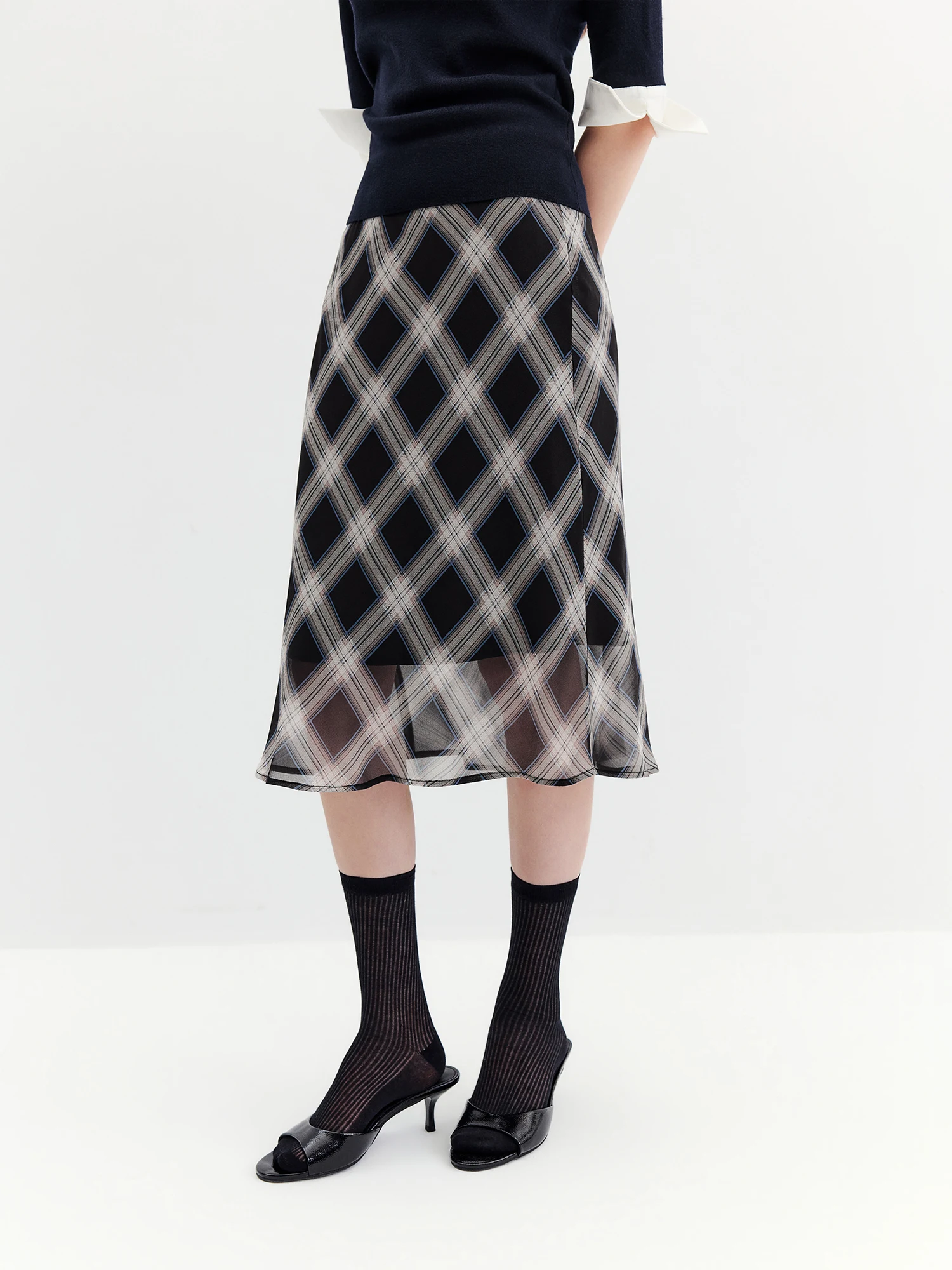 FSLE 2026 Fall Women's Vintage Contrast Plaid Elastic Waist Flowy Chiffon Straight Midi Skirt - Casual Chic Everyday Style