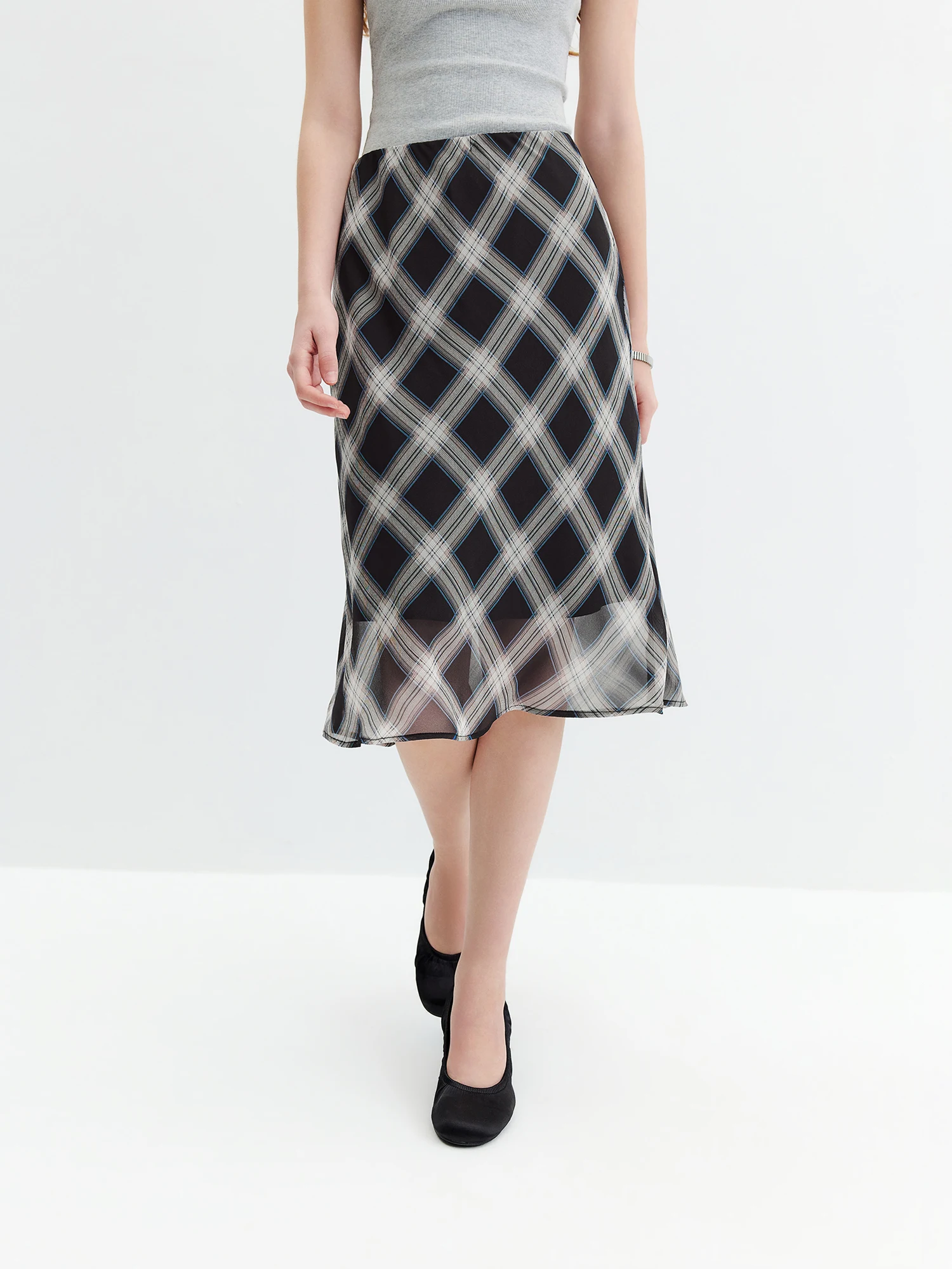 FSLE 2026 Fall Women's Vintage Contrast Plaid Elastic Waist Flowy Chiffon Straight Midi Skirt - Casual Chic Everyday Style