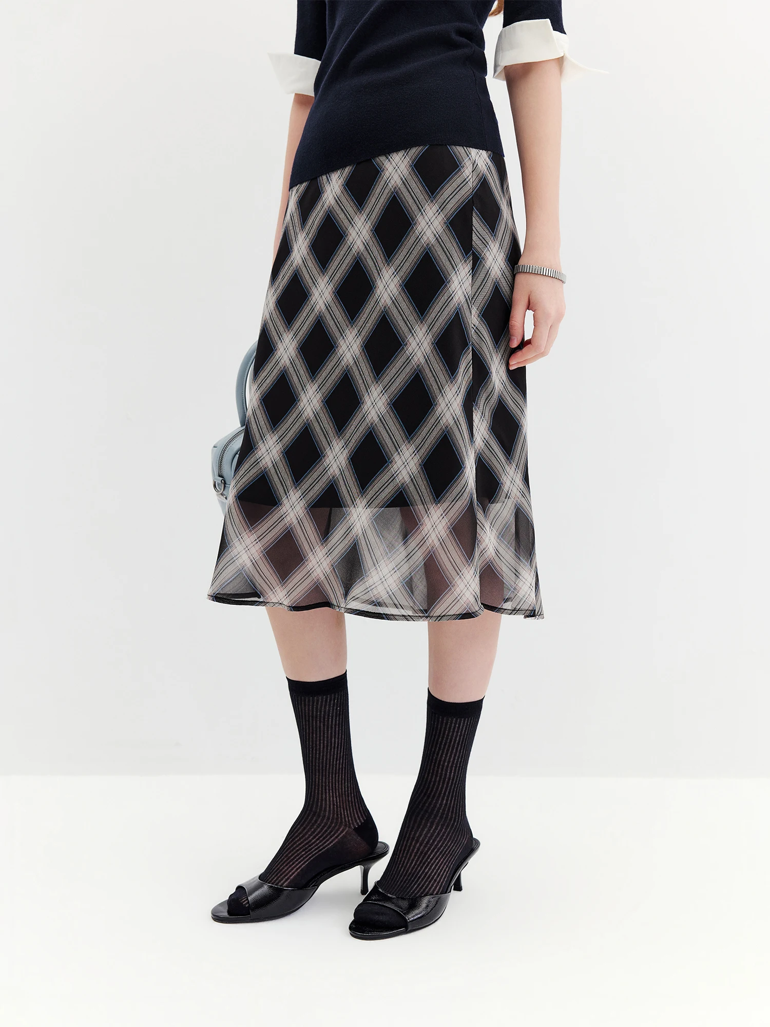 FSLE 2026 Fall Women's Vintage Contrast Plaid Elastic Waist Flowy Chiffon Straight Midi Skirt - Casual Chic Everyday Style