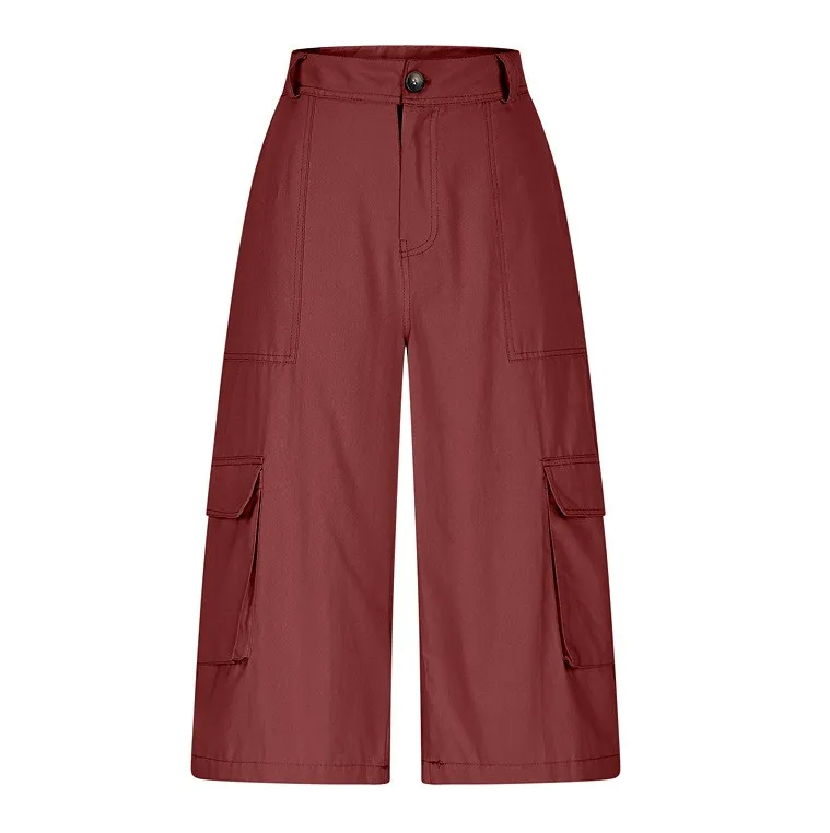 Cargo Shorts Women Multi Pocket Wide Leg Capri Pants Mid Waist Loose Fit Woven Summer Casual Outdoor Bermuda 3/4 Length Trousers