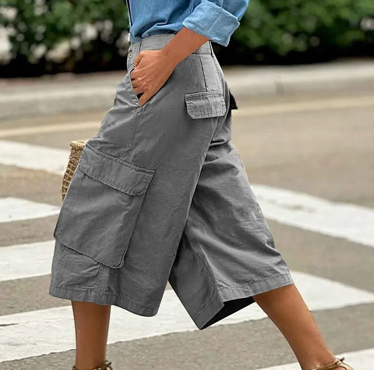 Cargo Shorts Women Multi Pocket Wide Leg Capri Pants Mid Waist Loose Fit Woven Summer Casual Outdoor Bermuda 3/4 Length Trousers