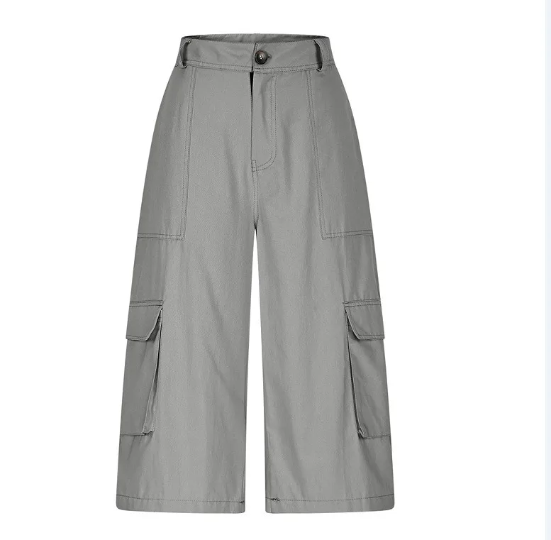 Cargo Shorts Women Multi Pocket Wide Leg Capri Pants Mid Waist Loose Fit Woven Summer Casual Outdoor Bermuda 3/4 Length Trousers