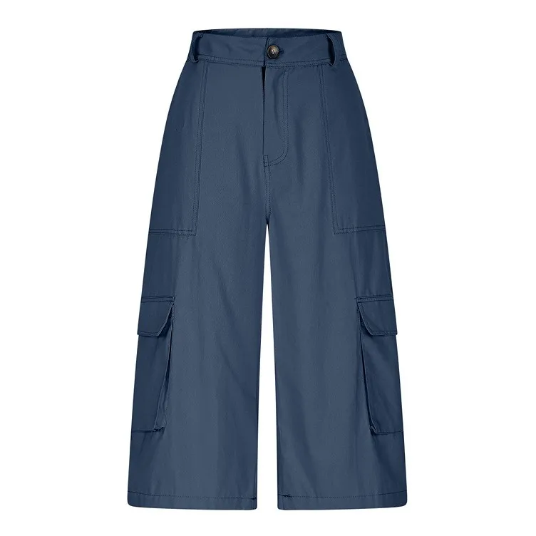 Cargo Shorts Women Multi Pocket Wide Leg Capri Pants Mid Waist Loose Fit Woven Summer Casual Outdoor Bermuda 3/4 Length Trousers